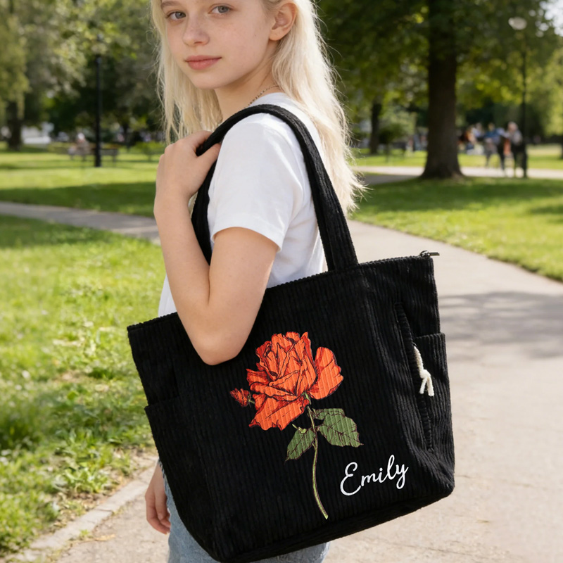 Personalized Birth Flower Corduroy Large Capacity Tote Bag with Name Daily Use Birthday Gift for Women