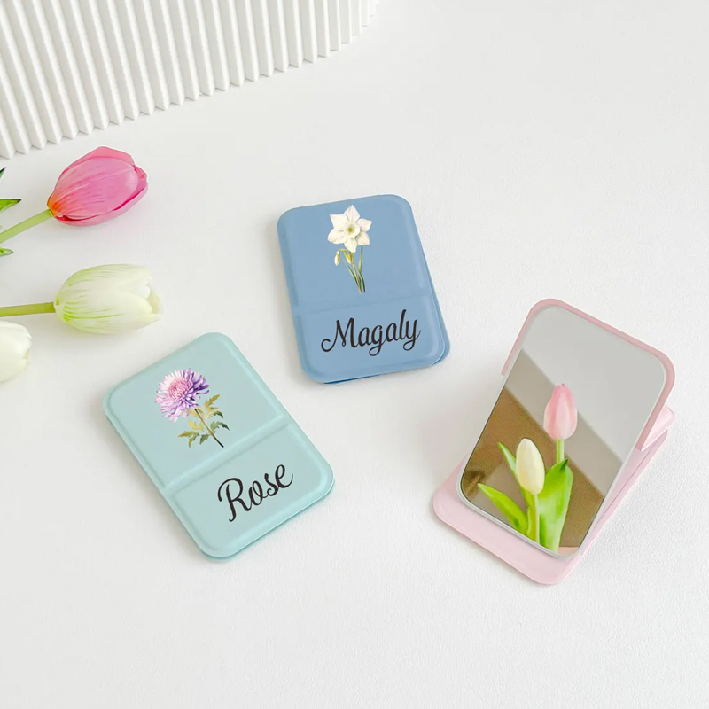 Personalized Square Makeup Mirror Pocket Mirror with Custom Birth Flower and Name Mother's Day Gift