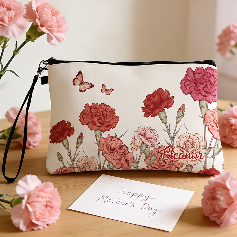 Personalized Name Linen Handbag Mother's Day Birthday Flowers with Zipper and Wrist Strap Gift for Mom