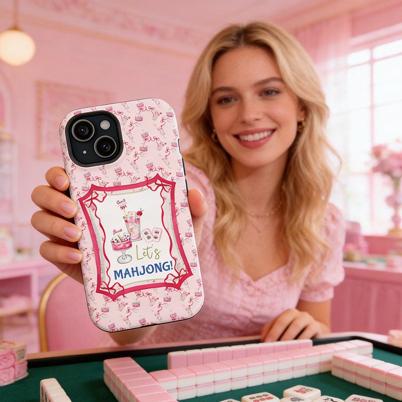 Mahjong Iphone Case Let's Mahjong Cocktail Phone Case Pink Retro Mahjong Tile Design for Mahjong Lovers