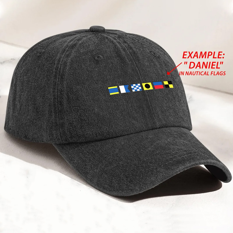 Personalized Distressed Denim Cap Custom Name In Nautical Flags Sailing Gift For Maritime Dad Captain
