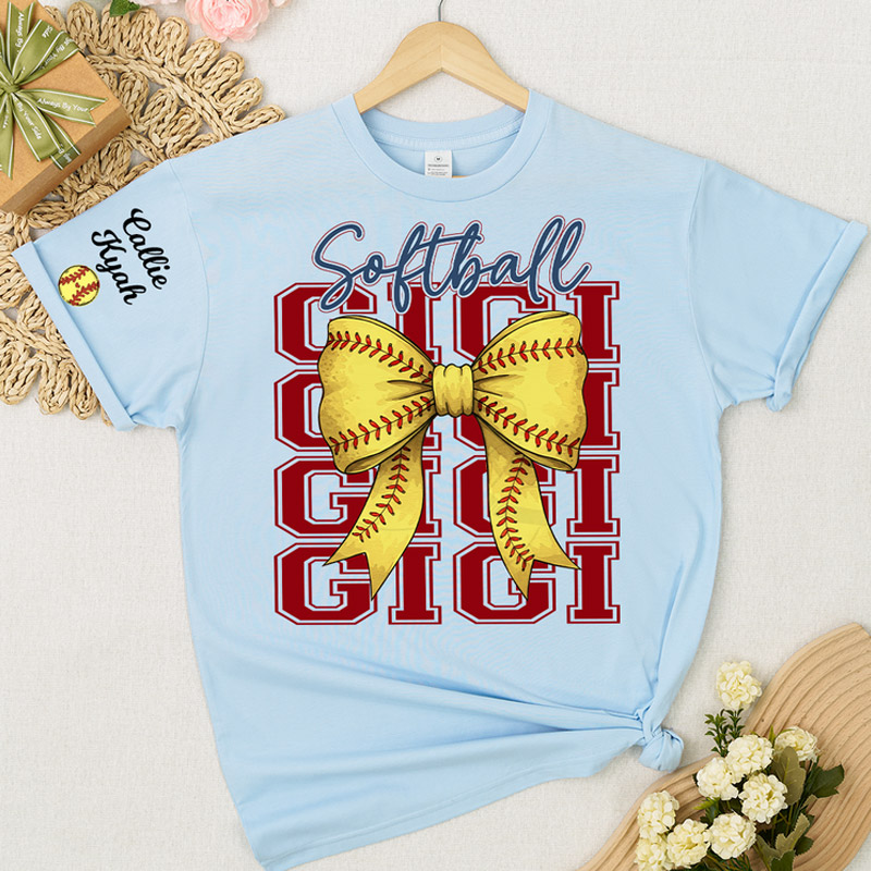 Personalized Bow Tie Baseball Softball Mama T-Shirt Customized with Names Gift for Baseball and Softball Moms and Grandmas