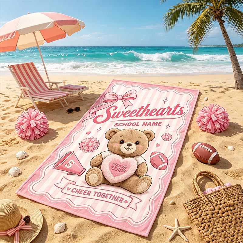 Personalized Football Cheerleading Beach Towel "Sweetheart" Bear with Custom Letters and School Name Cheer Gift