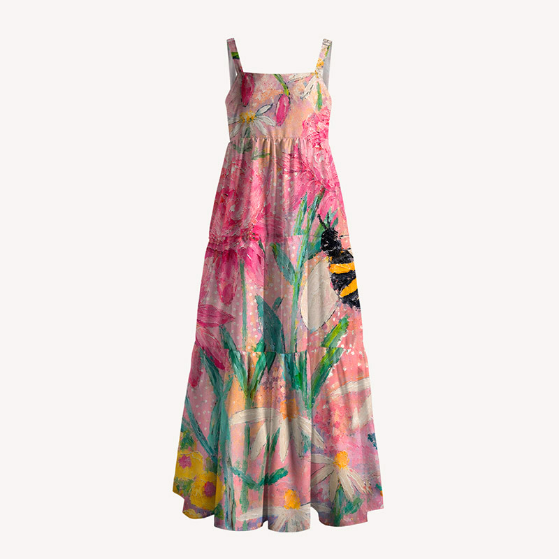 Oil Painting Pink Garden Bee Hand‑Painted Maxi Dress
