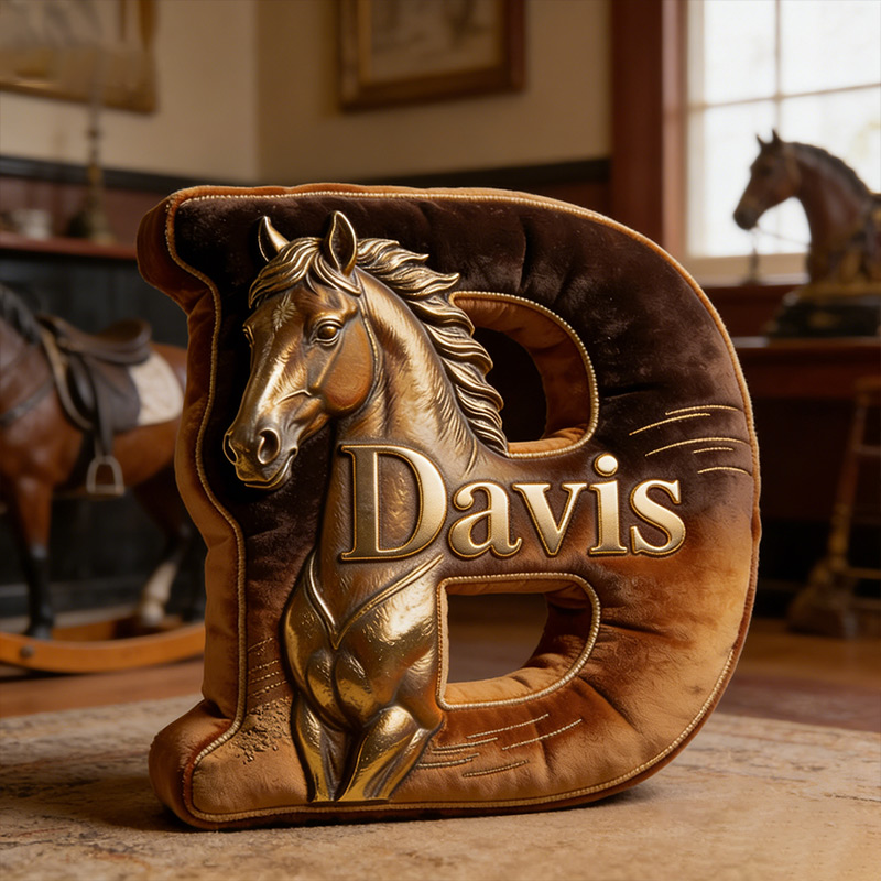 Personalized Horse Letter Pillow Golden Horse Print Custom Name Gift for Equestrian Enthusiasts