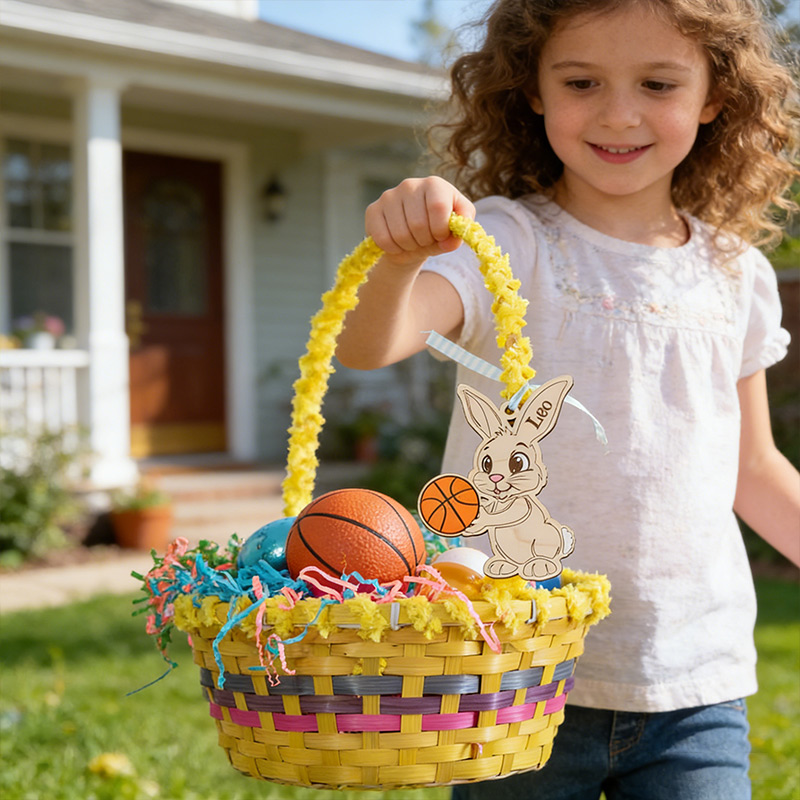 Personalized Wooden Easter Ornaments Basketball Easter Bunny Hanging Decor Basket Tags Gifts for Basketball Fans