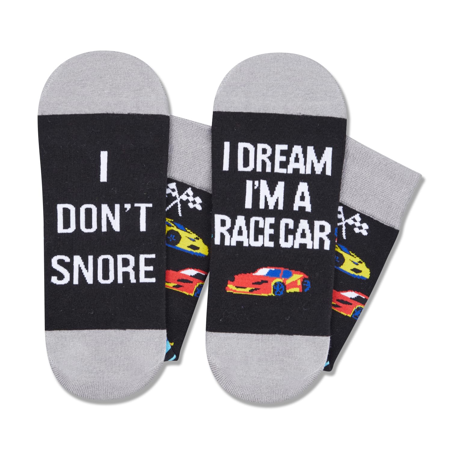 I Don't Snore I Dream I'm A Race Car Funny Novelty Crew Socks Colorful Race Car Pattern Socks Gift For Racing Fans Car Lovers