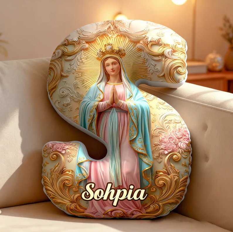 Personalized Virgin Mary Floral Letter Pillow with Custom Name Religious Home Decor Catholic Prayer Gift Our Lady of Guadalupe Blessed Graphic 3DPrint