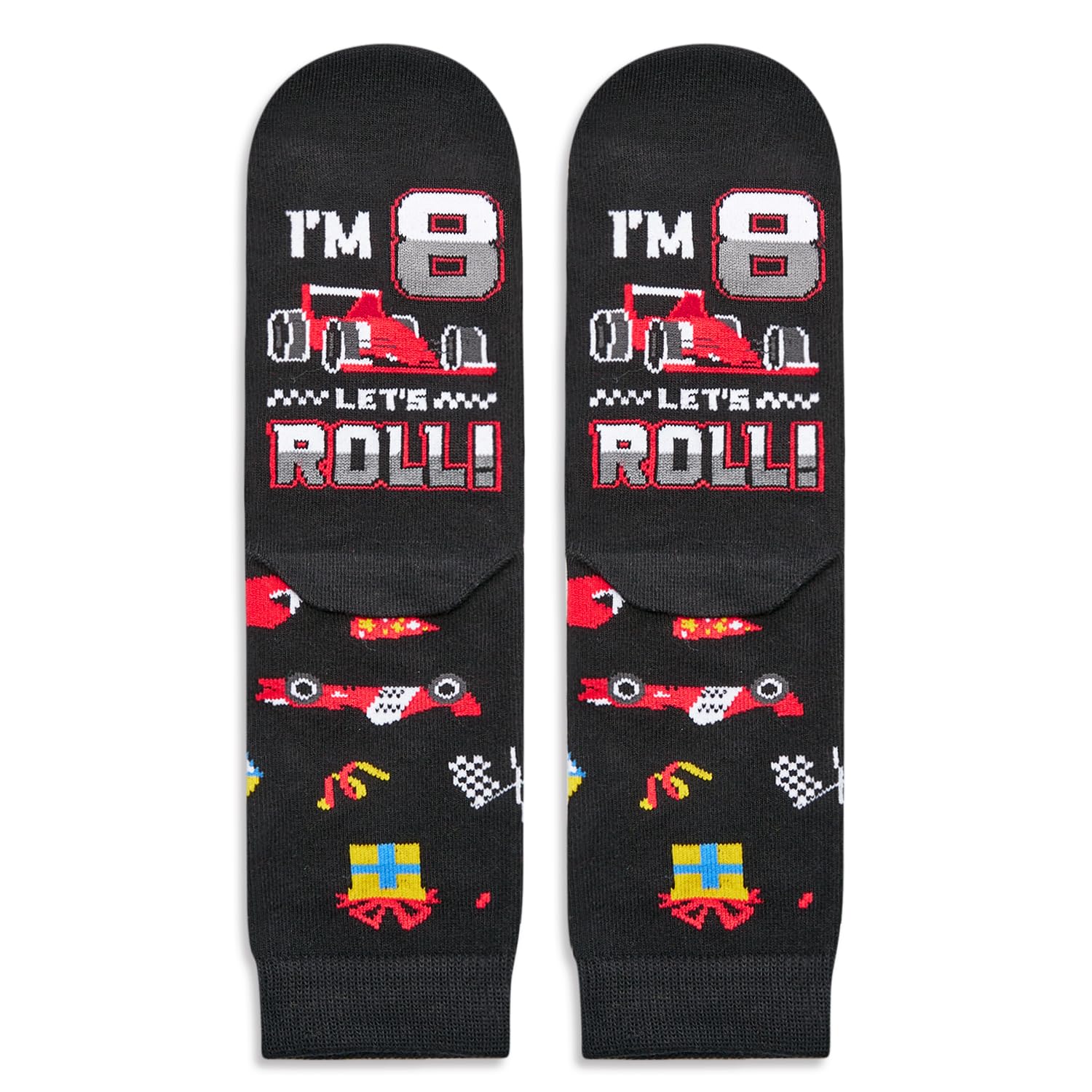 Personalized Kids Let's Roll Race Car Birthday Crew Socks Formula Racing Checkered Flag Novelty Socks Racing Themed Party Gift