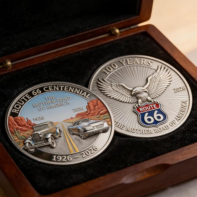 100 Years Route 66 Commemorative Coin The Legendary Mother Road Retro Eagle & Classic Car Embossed Collectible Coin