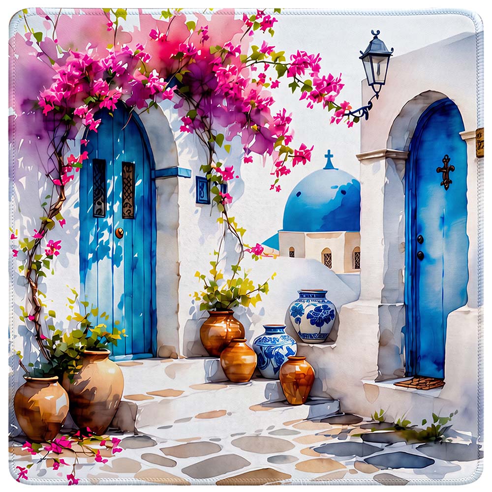 Santorini Chic Mahjong Mat Summer Stairs Blue Domed Church Ceramics Shop Mat Hand Santorini Mahjong Mat Summer European Travel Mahjong Gift