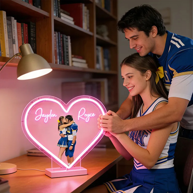 Personalized Football Player Couple Heart Neon Sign with Names and Photo for Romantic Valentine’s Day Decor