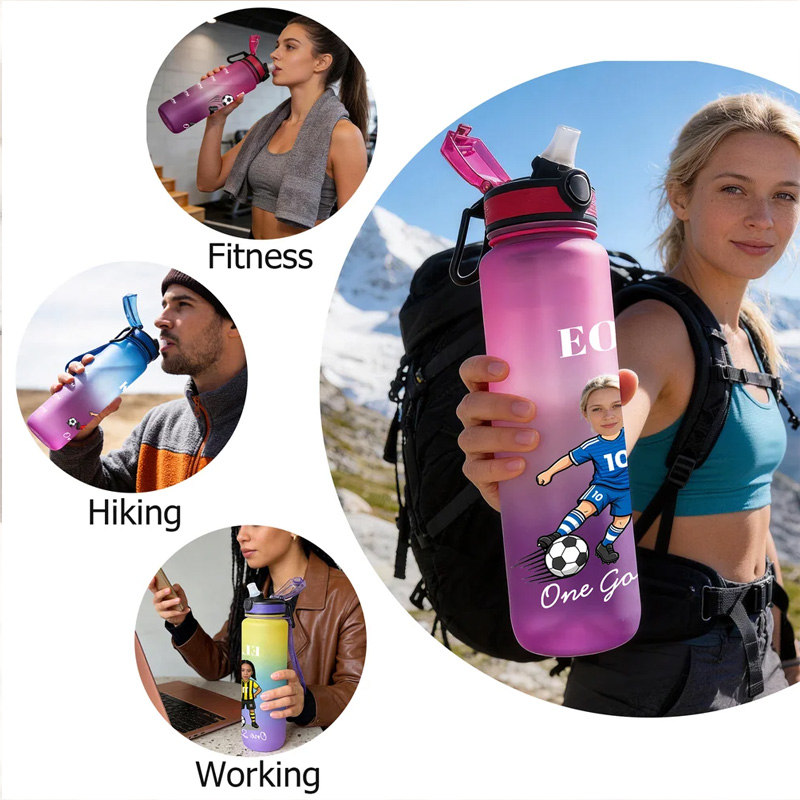 Personalized Cartoon Soccer Character Face Photo 32 oz Water Bottle with Name and Number Birthday Gift for Soccer Fans Lovers