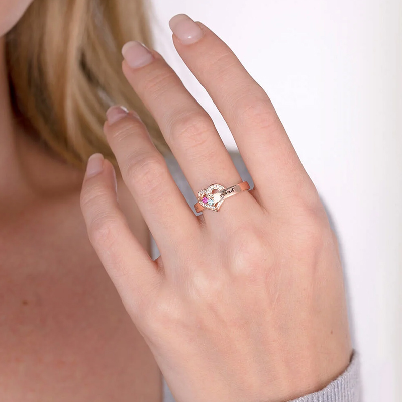 Personalized 1-8 Birthstones Heart Family Ring Where Hearts Meet Love Gleams In Every Stone