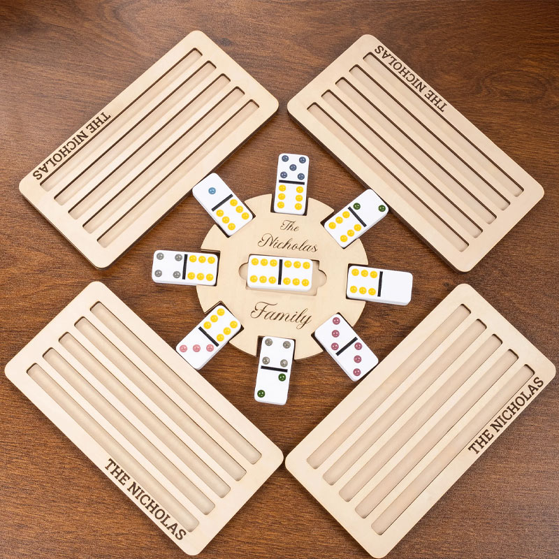 Personalized Wooden Mexican Train Domino Hub & Holder Engraved Basswood Set 11 or 15 Holder Gift for Family