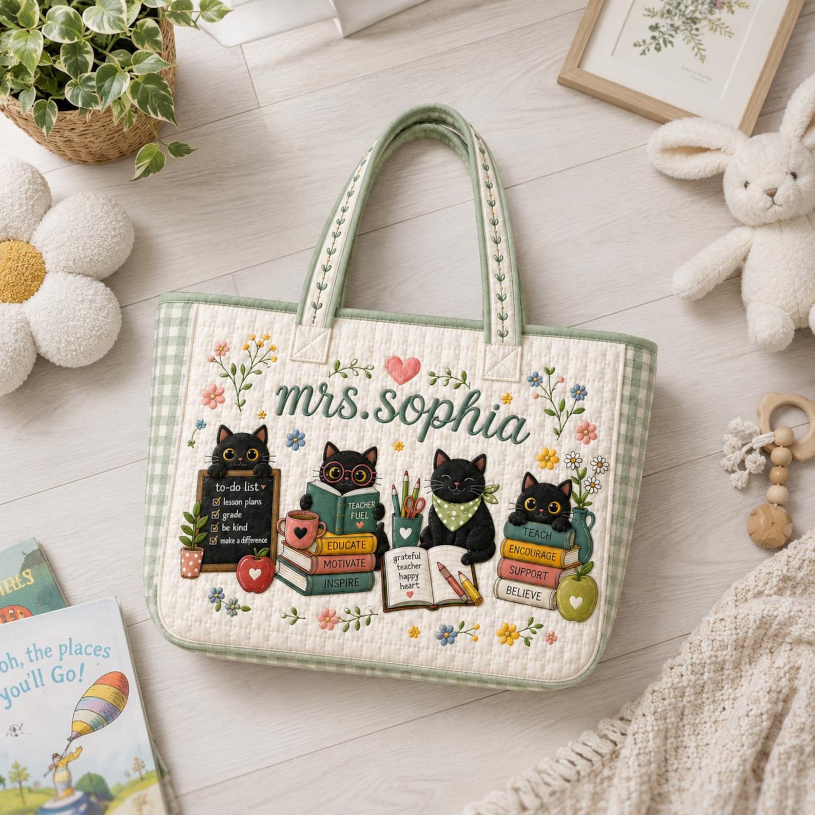 Personalized Teacher Quilted Tote Bag Gift Black Cats Custom Name Bag Back to School Gift for Teacher