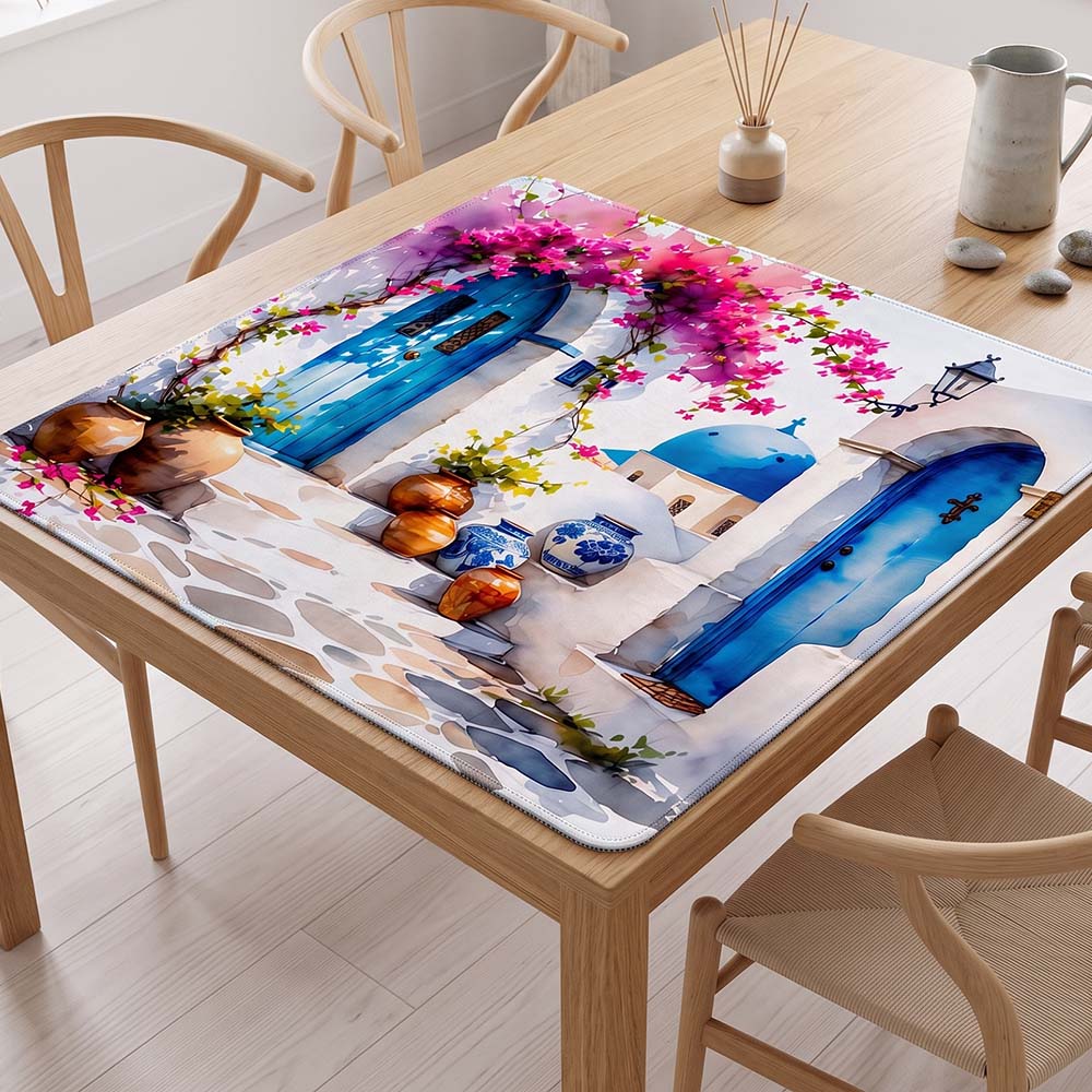 Santorini Chic Mahjong Mat Summer Stairs Blue Domed Church Ceramics Shop Mat Hand Santorini Mahjong Mat Summer European Travel Mahjong Gift
