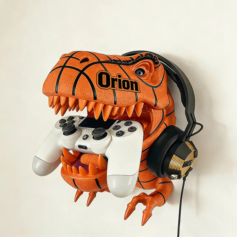 Personalized Basketball Design Dinosaur Wall Mounted Headphones and Controller Holder for Basketball Fans 