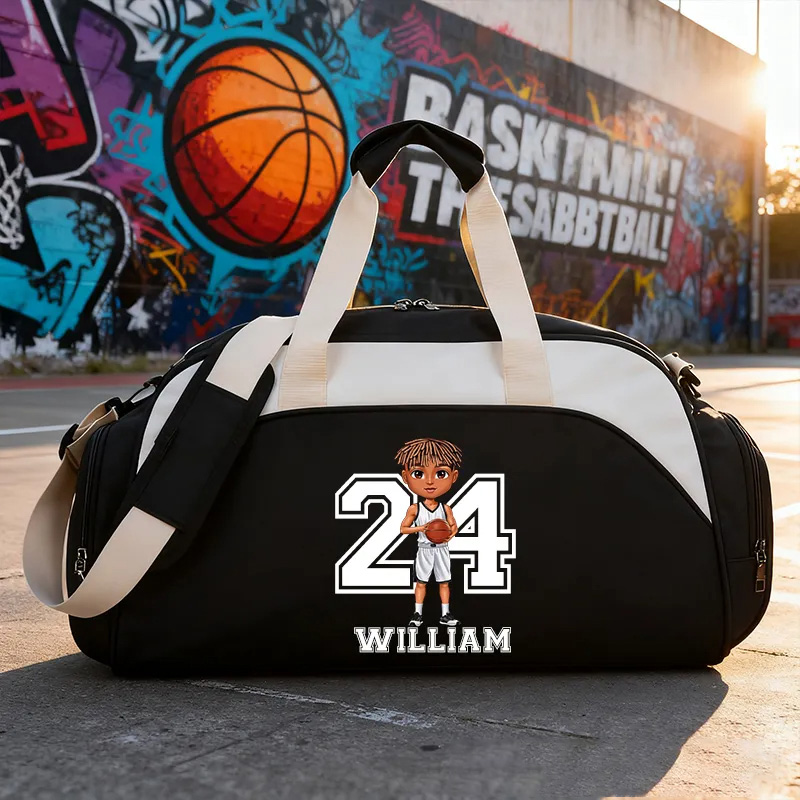 Personalized Sports Duffel Bag with Custom Name, Number, and Cartoon Design