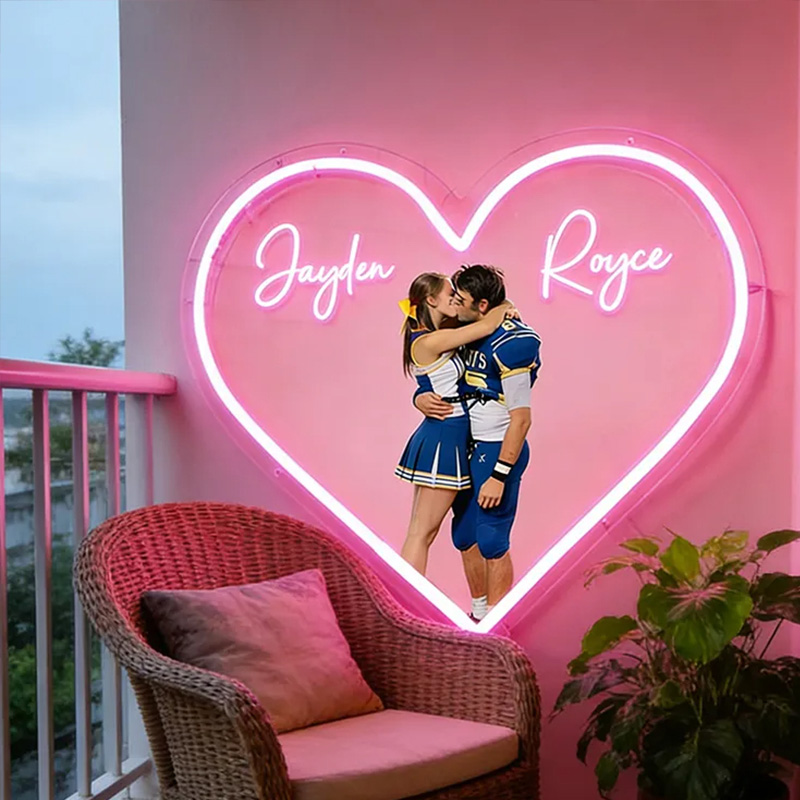 Personalized Football Player Couple Heart Neon Sign with Names and Photo for Romantic Valentine’s Day Decor