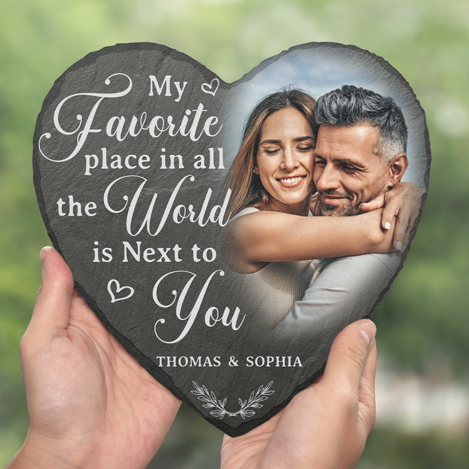 Personalized Couple Photo My Favorite Place In All The World Is Next To You Heart Shaped Stone With Stand First Christmas Gift Valentine's Day Gift