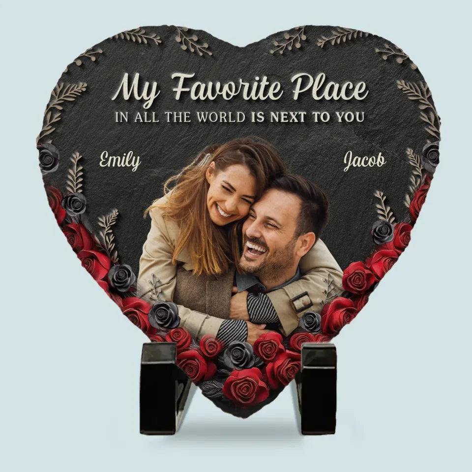Personalized Couple Photo Rose My Favorite Place in All the World is Next to You Heart Shaped Stone with Stand Newlyweds Christmas Valentines Day Gift