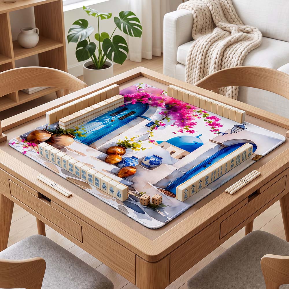 Santorini Chic Mahjong Mat Summer Stairs Blue Domed Church Ceramics Shop Mat Hand Santorini Mahjong Mat Summer European Travel Mahjong Gift