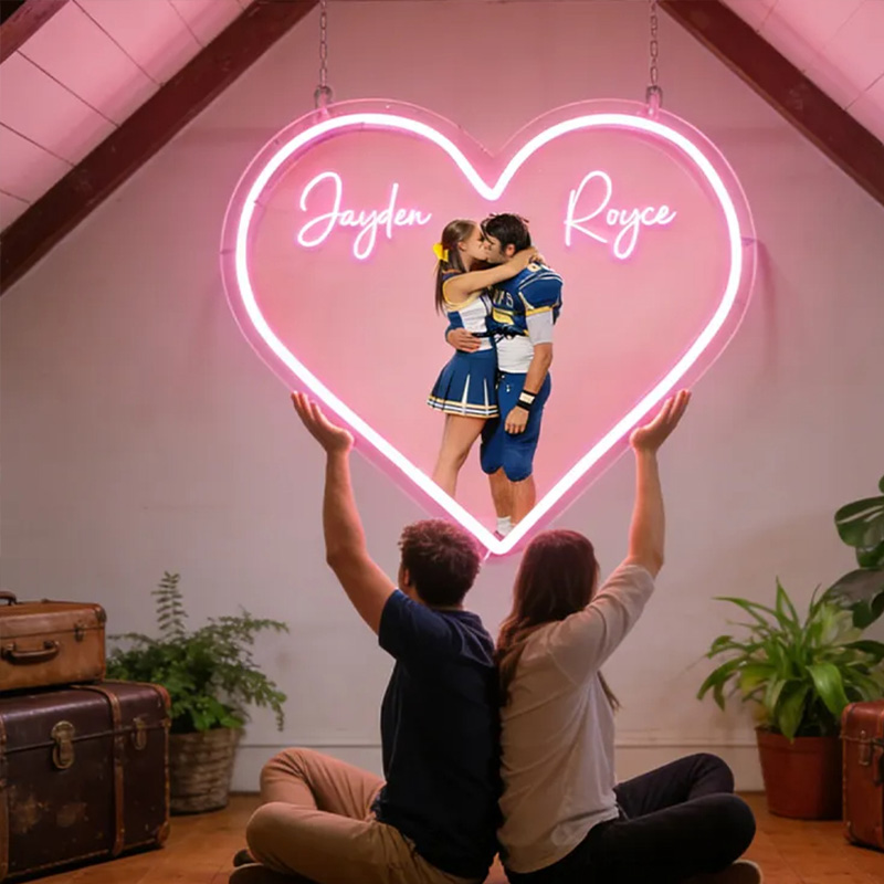 Personalized Football Player Couple Heart Neon Sign with Names and Photo for Romantic Valentine’s Day Decor
