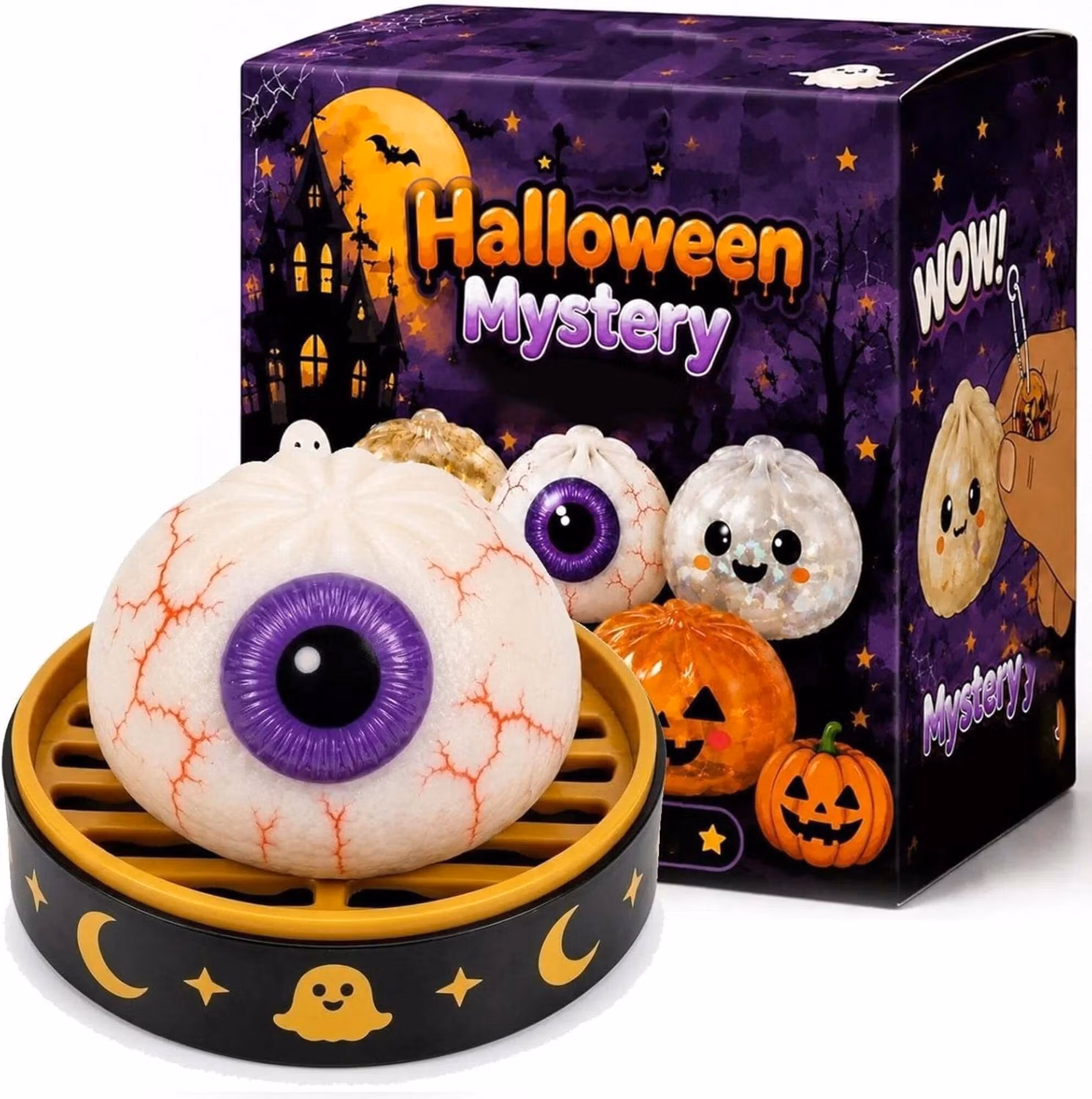 Halloween Mystery Glitter Dumpling Squishy Box Set Ghost Pumpkin Eyeball Design Soft Stress Relief Fidget Toy Party Favor Gift