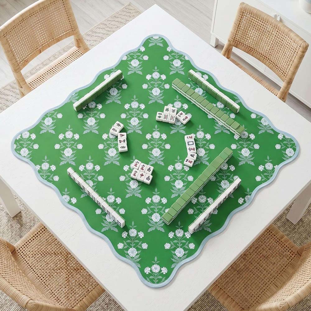 Mahjong Mat Scalloped Premium Neoprene Game Table Protector Green Blockprint Floral Design Mahjong Gift Enthusiast Playing