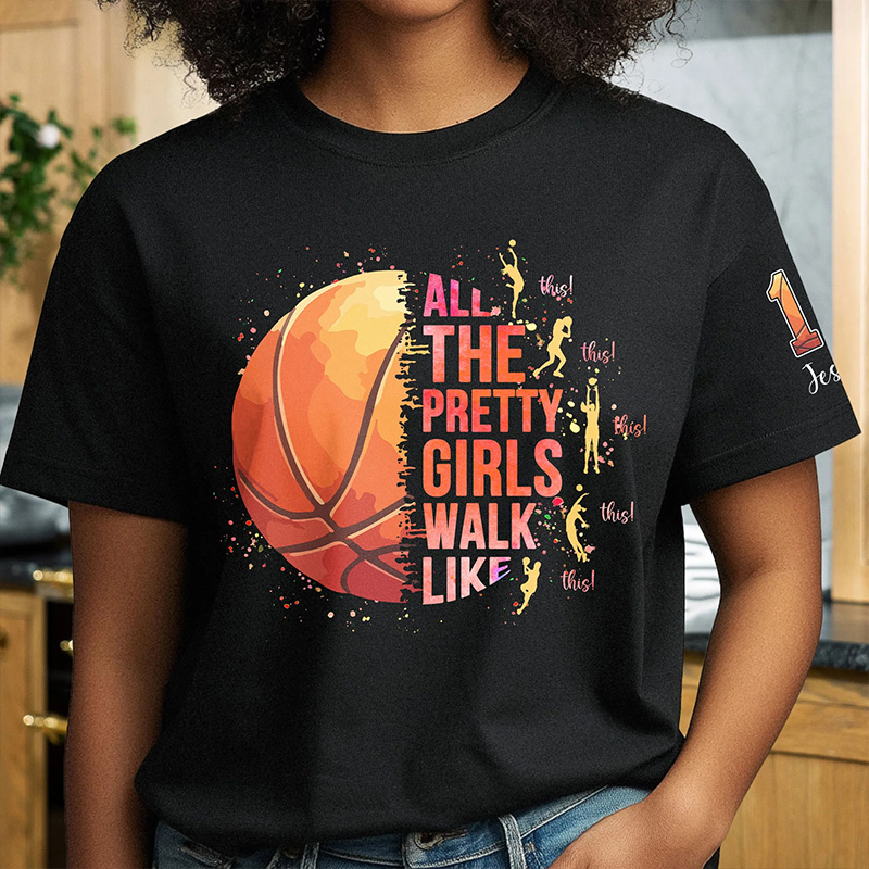 Personalized Basketball T-Shirt with "Pretty Girls Walk Like This" Design and Custom Name & Number
