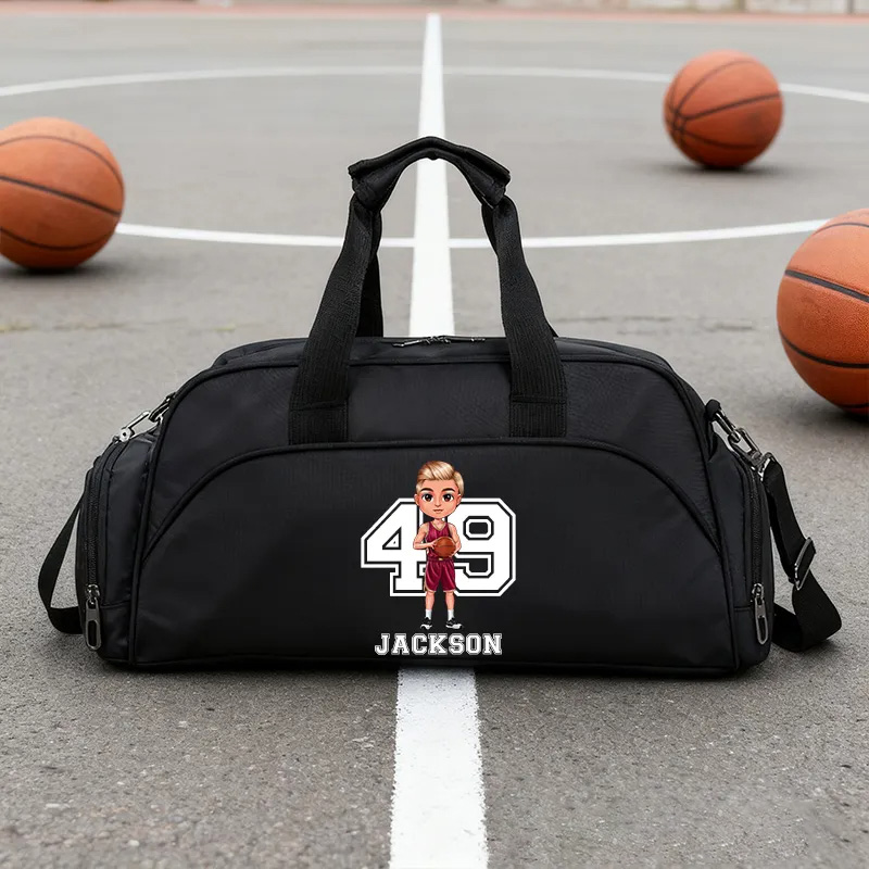 Personalized Sports Duffel Bag with Custom Name, Number, and Cartoon Design