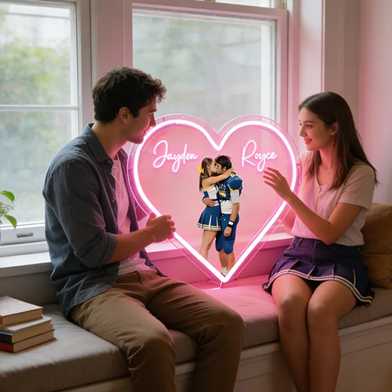 Personalized Football Player Couple Heart Neon Sign with Names and Photo for Romantic Valentine’s Day Decor