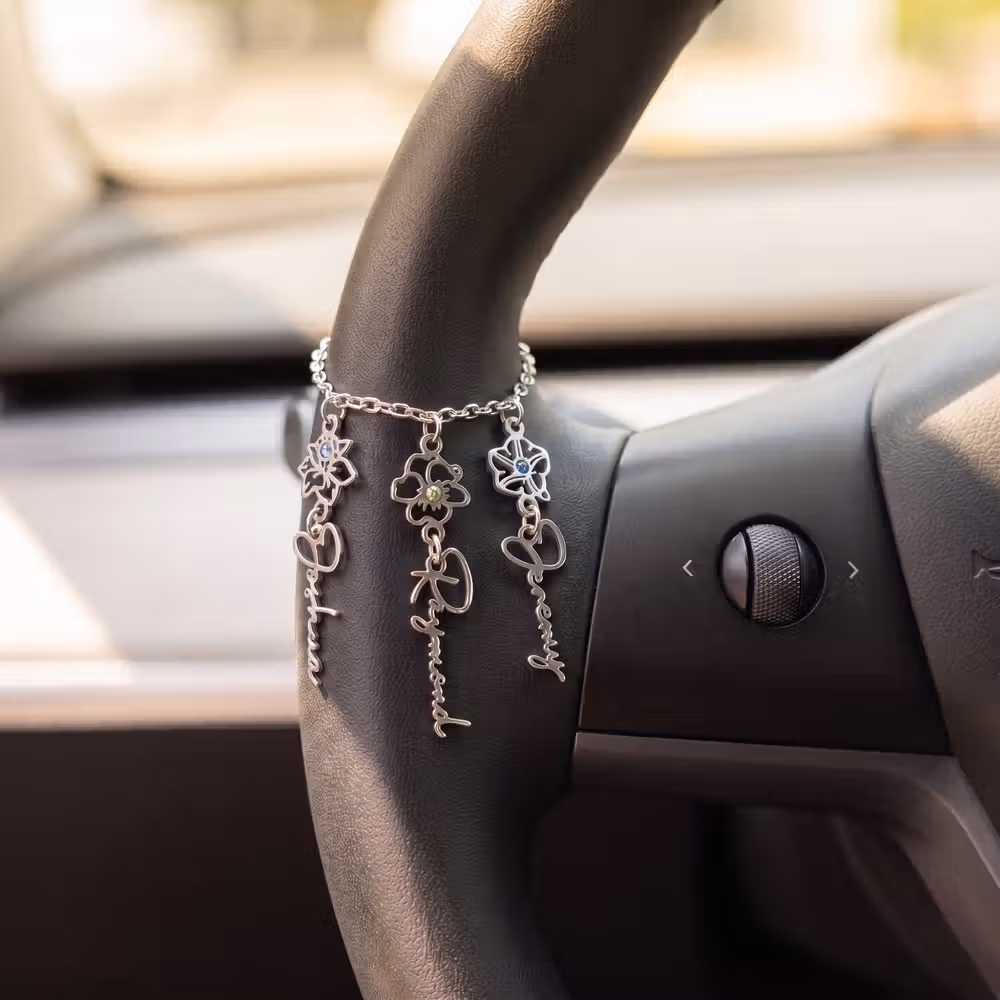 Custom Birth Flower Name Charm Chain Multi-Use Bracelet & Car Steering Wheel Decor, Adjustable Stainless Steel Personalized Jewelry