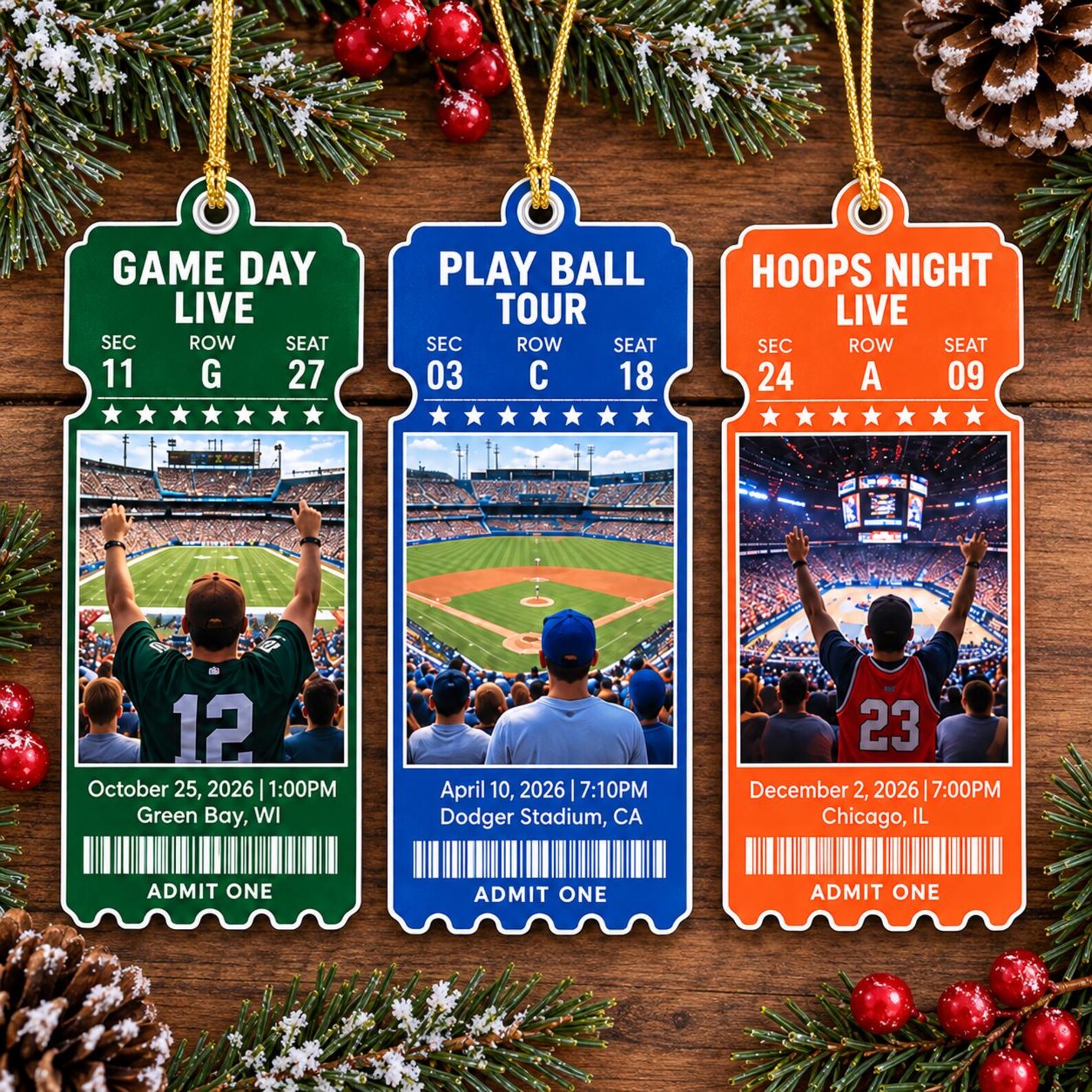 Personalized Game Day Match Ticket Ornament, Custom Photo Sports Travel Keepsake, Gift for Sport Lovers, Ornament Family Match Game Decor
