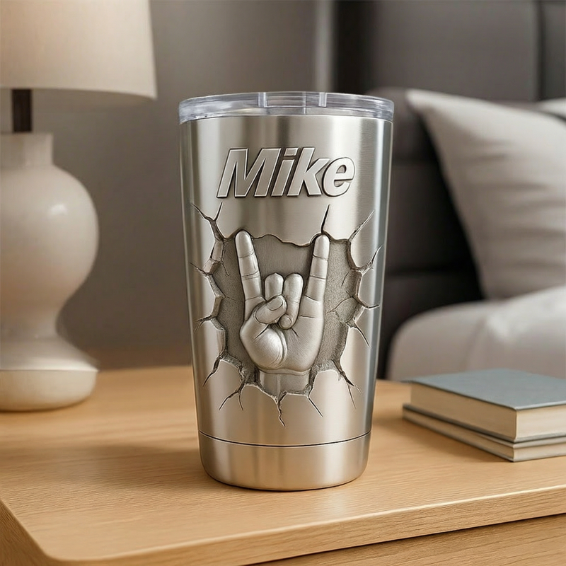 Personalized Rock Gesture Stainless Steel Tumbler Custom Name Gift for Guitarist Drummer Bassist Band Members Music Lovers for Performances Birthdays Holiday Parties