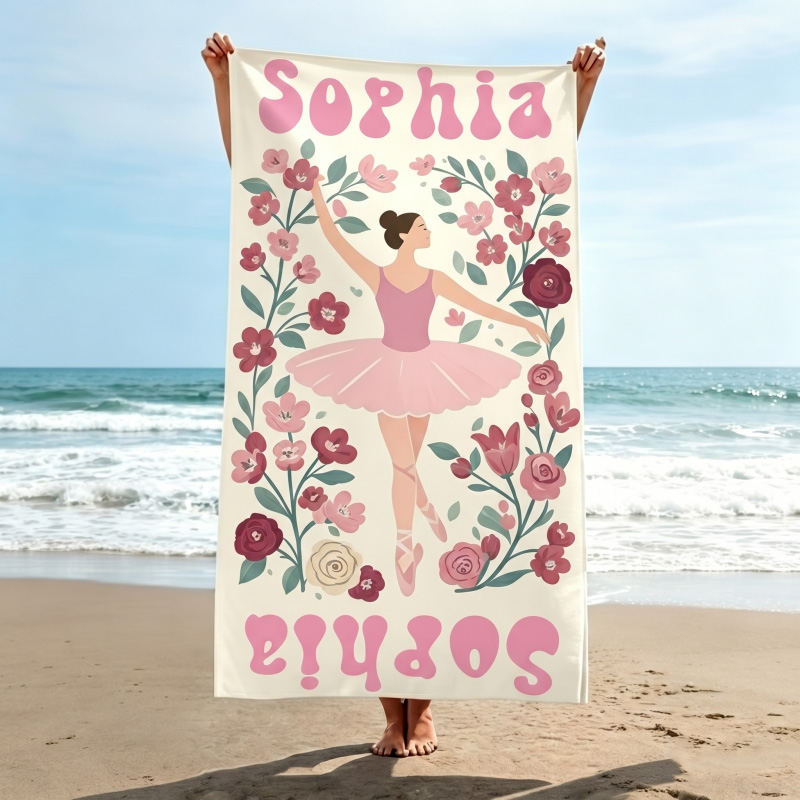 Personalized Multicolor Birth Flower Quick Dry Oversized Beach Towel with Name Summer Vacation Pool Party Gift for Women Dance Lovers Ballet Lovers