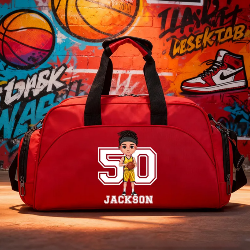 Personalized Sports Duffel Bag with Custom Name, Number, and Cartoon Design