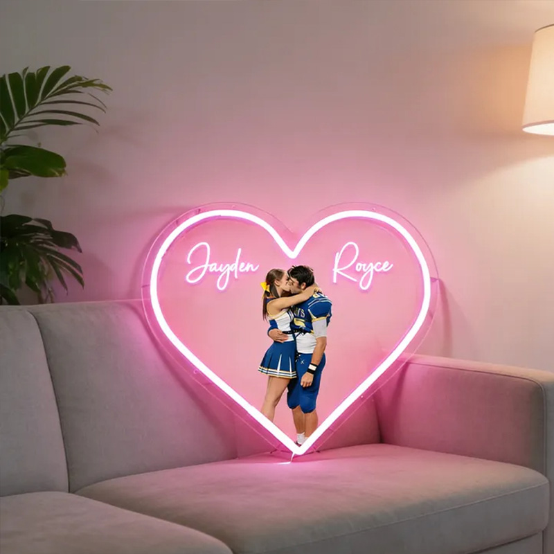 Personalized Football Player Couple Heart Neon Sign with Names and Photo for Romantic Valentine’s Day Decor