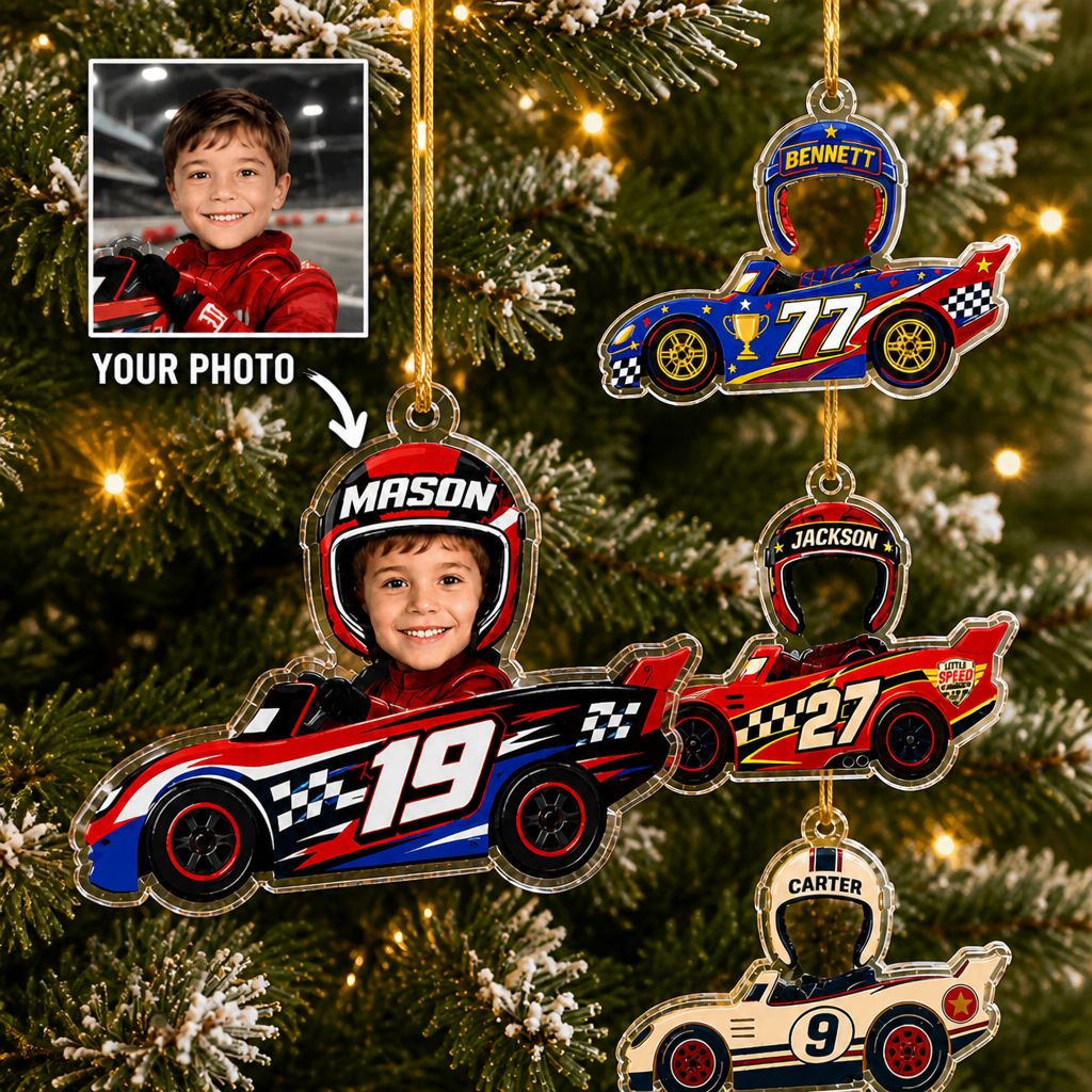 Personalized Race Car Christmas Ornament, Custom Photo Name & Number Keepsake Christmas Gift, Acrylic Xmas Tree Decoration