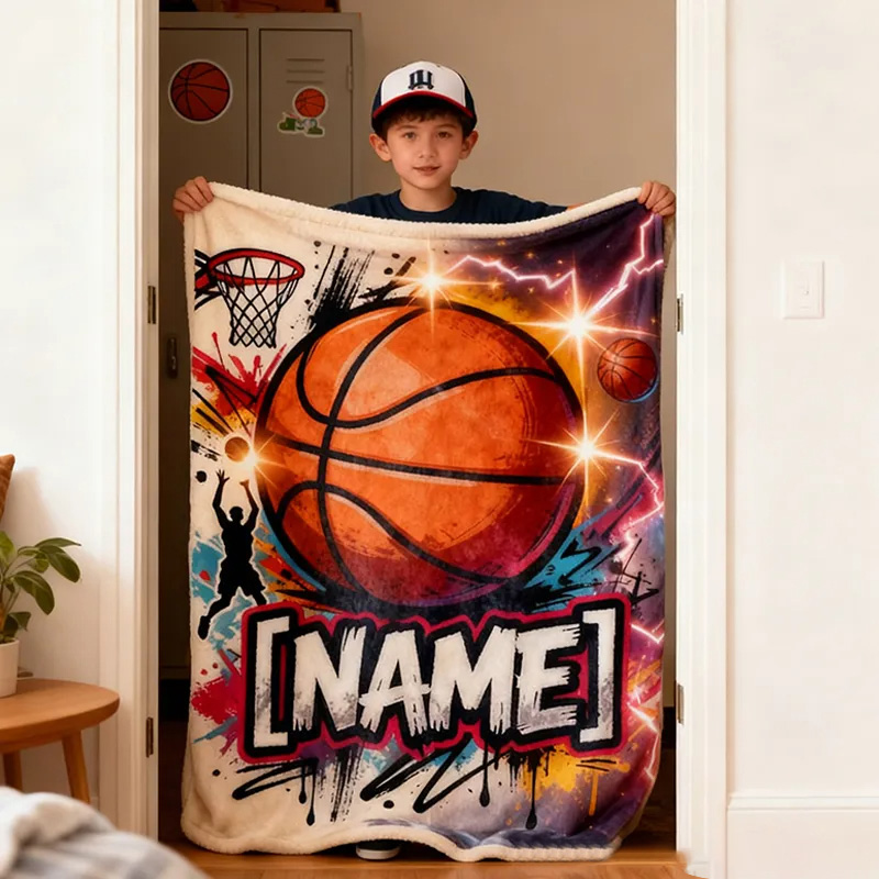 Personalized Basketball Blanket with Custom Name and Dynamic Artwork for Basketball Fans