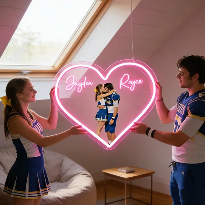 Personalized Football Player Couple Heart Neon Sign with Names and Photo for Romantic Valentine’s Day Decor