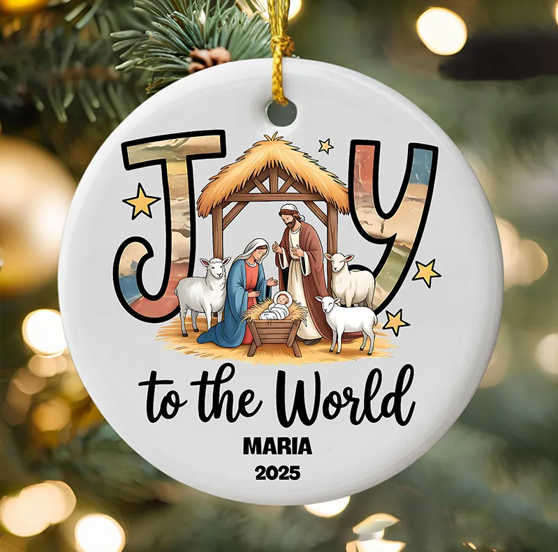 Personalized Joy to the World Nativity Scene Ceramic Ornament with Name Religious Gift Christmas Home Decor Gift Festival Gift