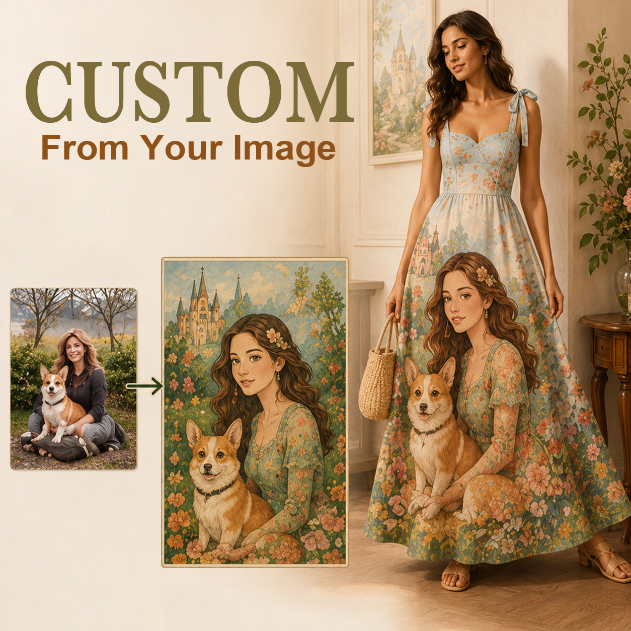 Personalized Floral Maxi Dress Custom Pet Art Floral Gift for Flowers and Pet Lovers