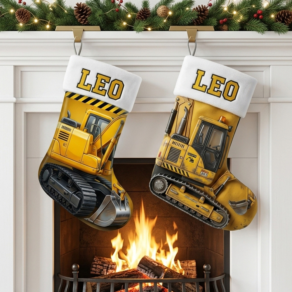 Personalized Construction Christmas Stocking Custom Name Yellow Excavator Truck Gift For Kids Toddler Boys Holiday Fireplace Mantel Decoration