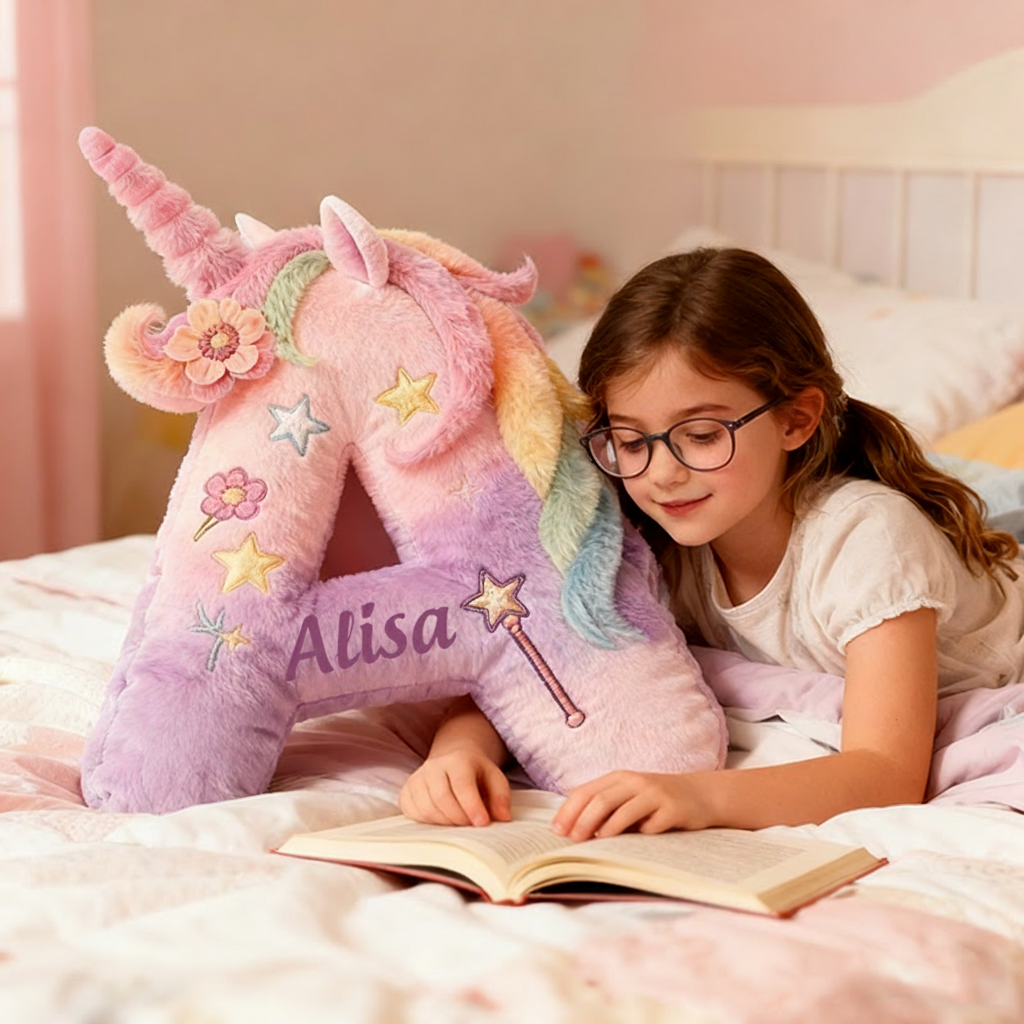 Personalized Letter Christmas Gift Pillow Pastel Rainbow Colors Stars Butterflies Magic Wand and Whimsical Fairy Tale Design Graphic 3D Print Pillow