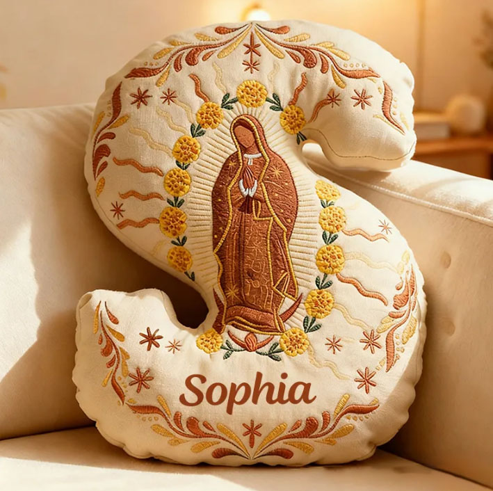 Personalized Our Lady of Guadalupe Marigold Letter Pillow with Custom Name Home Decor Religious Gift Catholic Gift for Women Graphic 3D Print Sale-megacustom
