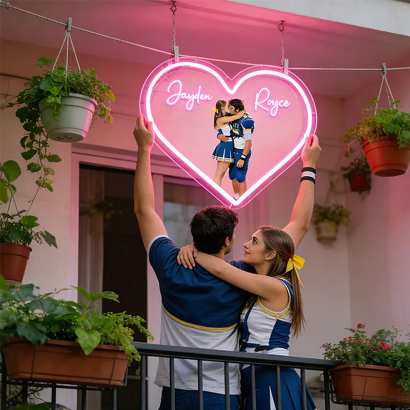 Personalized Football Player Couple Heart Neon Sign with Names and Photo for Romantic Valentine’s Day Decor