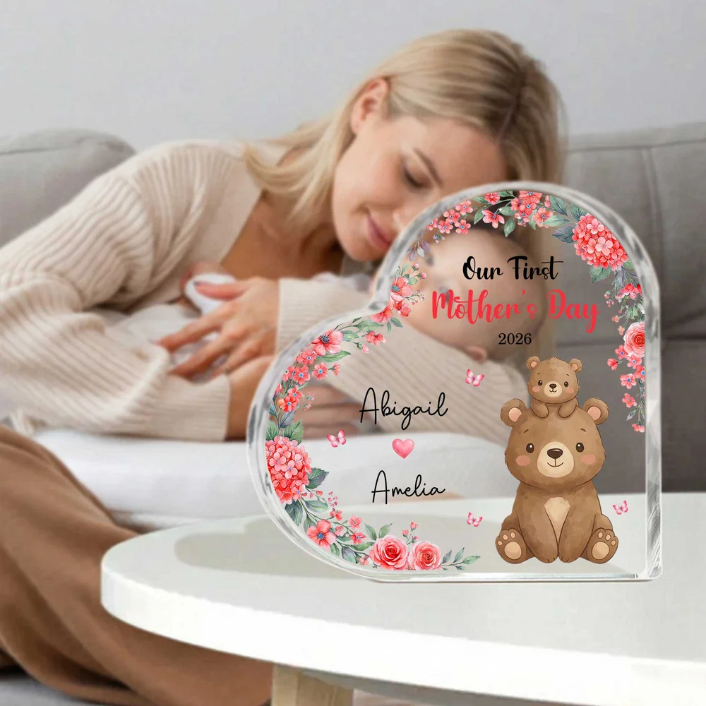 Personalized 1st Mother's Day Cute Parent-Child Animal Heart Acrylic Plaque with Name Home Decor Mother's Day Birthday Gift for New Mom