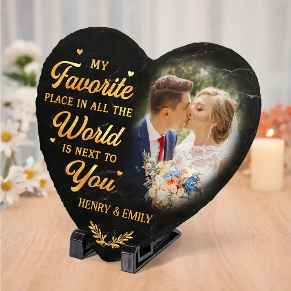 Personalized Couple Photo My Favorite Place in All the World is Next to You Heart Shaped Stone with Stand Christmas Valentines Day Gift for Him Her